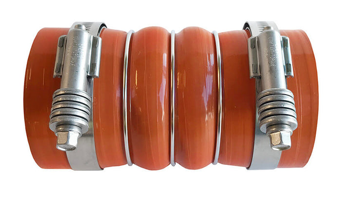 Redline Emissions Products Charge Air Cooler Hot Side Hose with Clamps (OEM 7732-0001 / RED RLH3506) front with clamps